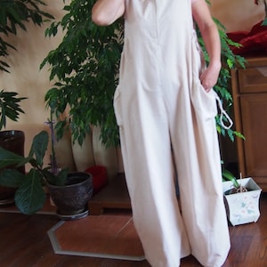 Beige Linen Harem Jumpsuit: Sleeveless Plus Size Overall