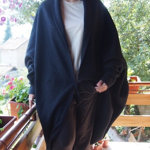 Black Wool Knit Cardigan: Dolman Sleeve Plus Size Jacket