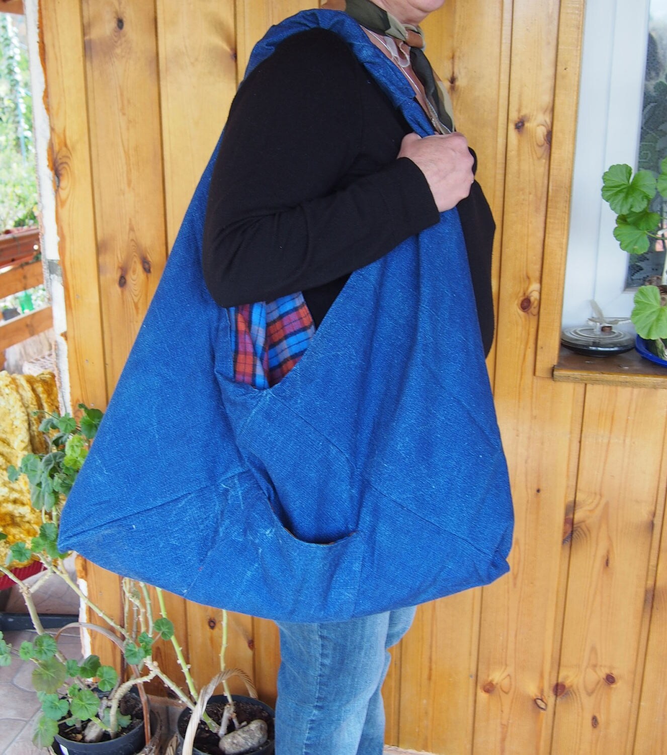Denim Hobo Bag: Japanese Triangle Tote, Large Double-Faced Design