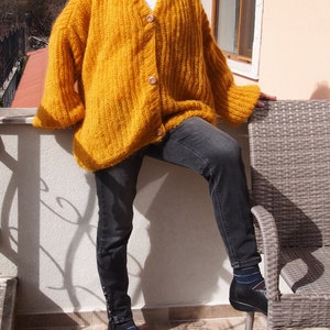 Handmade Mohair Knit Cardigan: Mustard Yellow, Plus Size
