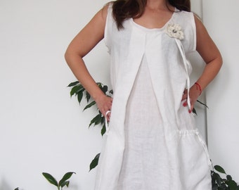 Vestido midi de lino blanco: vestido trapecio de verano de corte holgado
