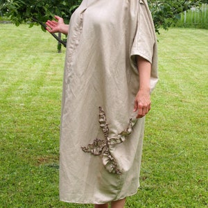 Linen Maxi Dress with Flower Motif - Loose Fit Plus Size