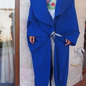 May include: A long, royal blue coat with a large, folded collar. The coat is tied at the waist with a thin, blue cord.