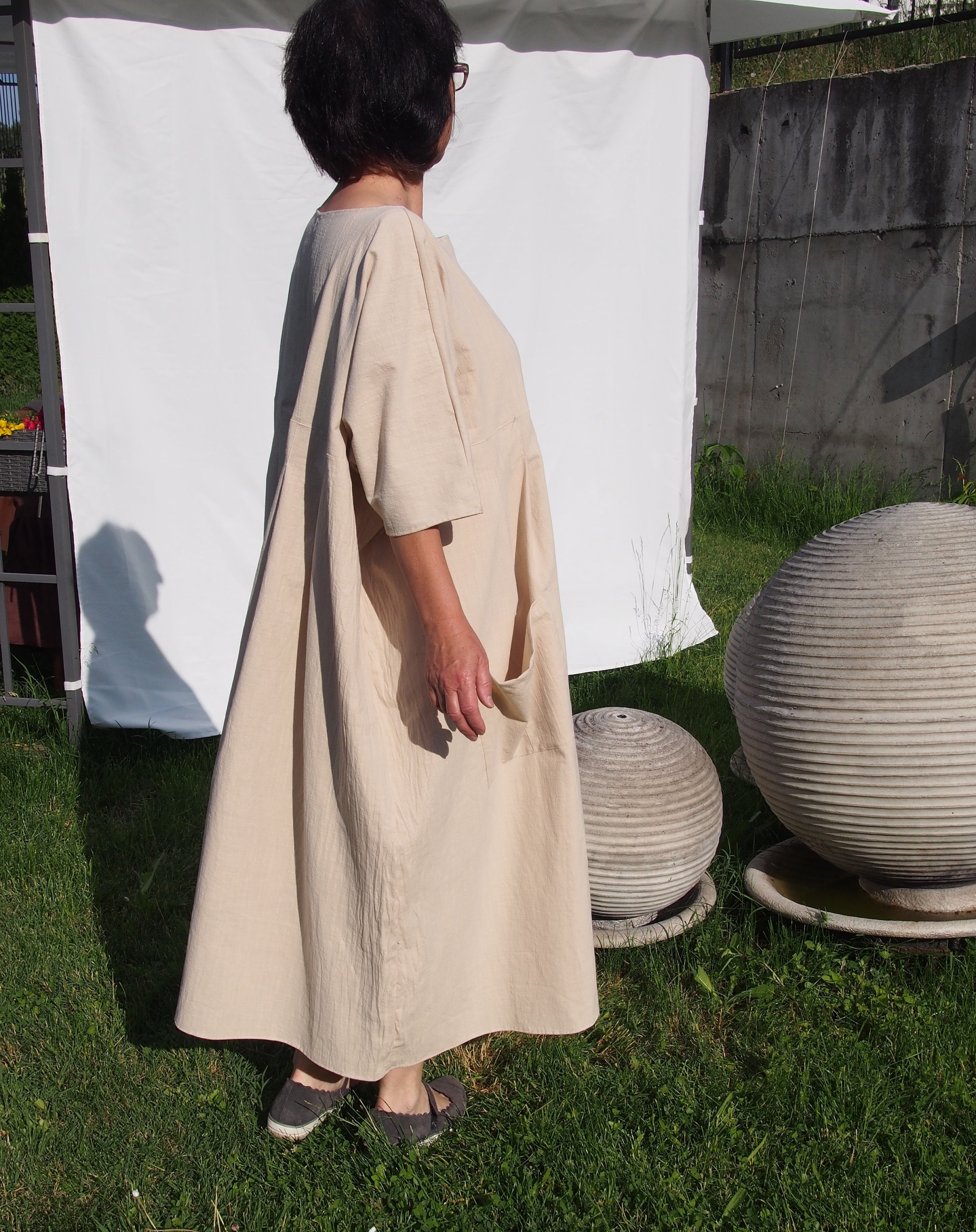 Plissee Leinenkleid, Leinenhemdkleid, Plus Größe Maxikleid