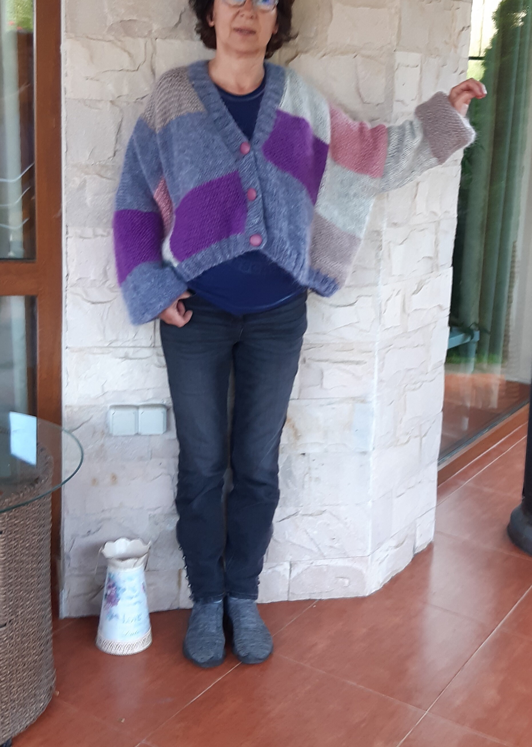 Mohair Handmade Knit Multicolor Cardigan Short Wide Cardigan Plus  