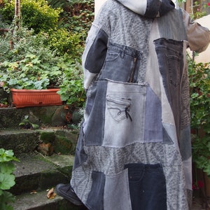 Upcycled Denim Patchwork Coat: Long Ripped Jean Cape with Hood