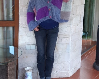 Cárdigan de punto de mohair hecho a mano: suéter multicolor de talla grande
