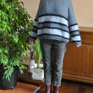 Handmade Over sized Sweater Striped  Gray Mohair Sweater  & Nara PP033