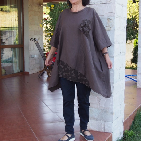 Brown Linen Tunic with lace  Midi Dress Plus Sizes Tunic Asymmetrical Tunic Top Loose Linen Tunic & Nara LT029