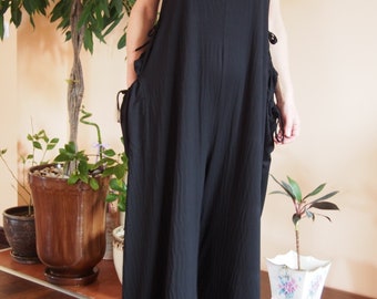 Black Plus Size Jumpsuit, Women Loose Jumpsuit, Harem Jumpsuit, Palazzo Jumpsuit, Oversized Romper, Pockets Romper, Sleeveless, Nara CT009