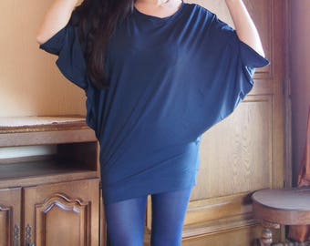 Women Blue Tunic,Tunic Dress, Asymmetrical Tunic, Loose Tunic Long Top, Artistic Tunic& Nara DT030