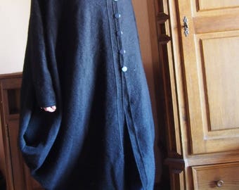 Asymmetric Black Wool Coat: Plus Size Long Cardigan