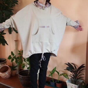 Oversize Hooded Tunic: Beige Asymmetric Quilted Cotton Sweatshirt