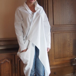 Extravagant Cotton Shirt, Аsymmetric Tunic, Maxi Tunic, Long Shirt, Zipped Tunic, Deconstructed Shirt, Avant Garde Clothing, Nara RIZ006