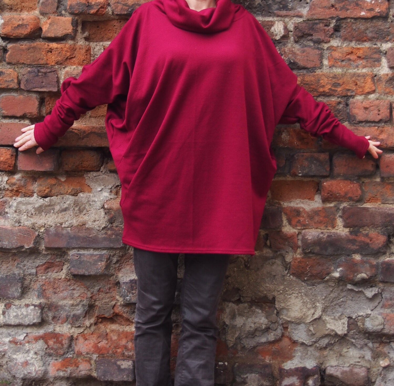 thumbnail image 2 of Women's Oversized V-Neck Or Cowl Neck Long Sleeve Top - Rayon Blend, Loose Fit Tunic 2 of 11