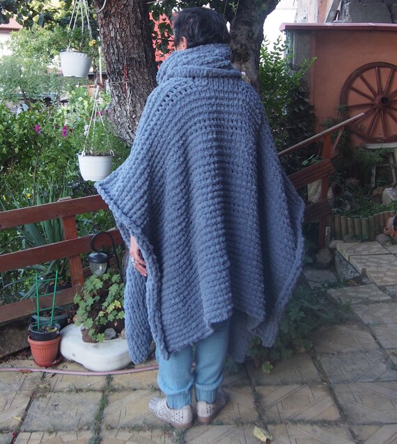 SALE Hand Knit Chunky Sweater Poncho Handknit Sweater Charcoal Gray Chunky Knit Sweater ***