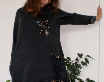 Knitted Over-sized Long  Tunic Long Sleeve Midi Dress Plus Sizes Tunic Wool Cotton & Nara TPL001