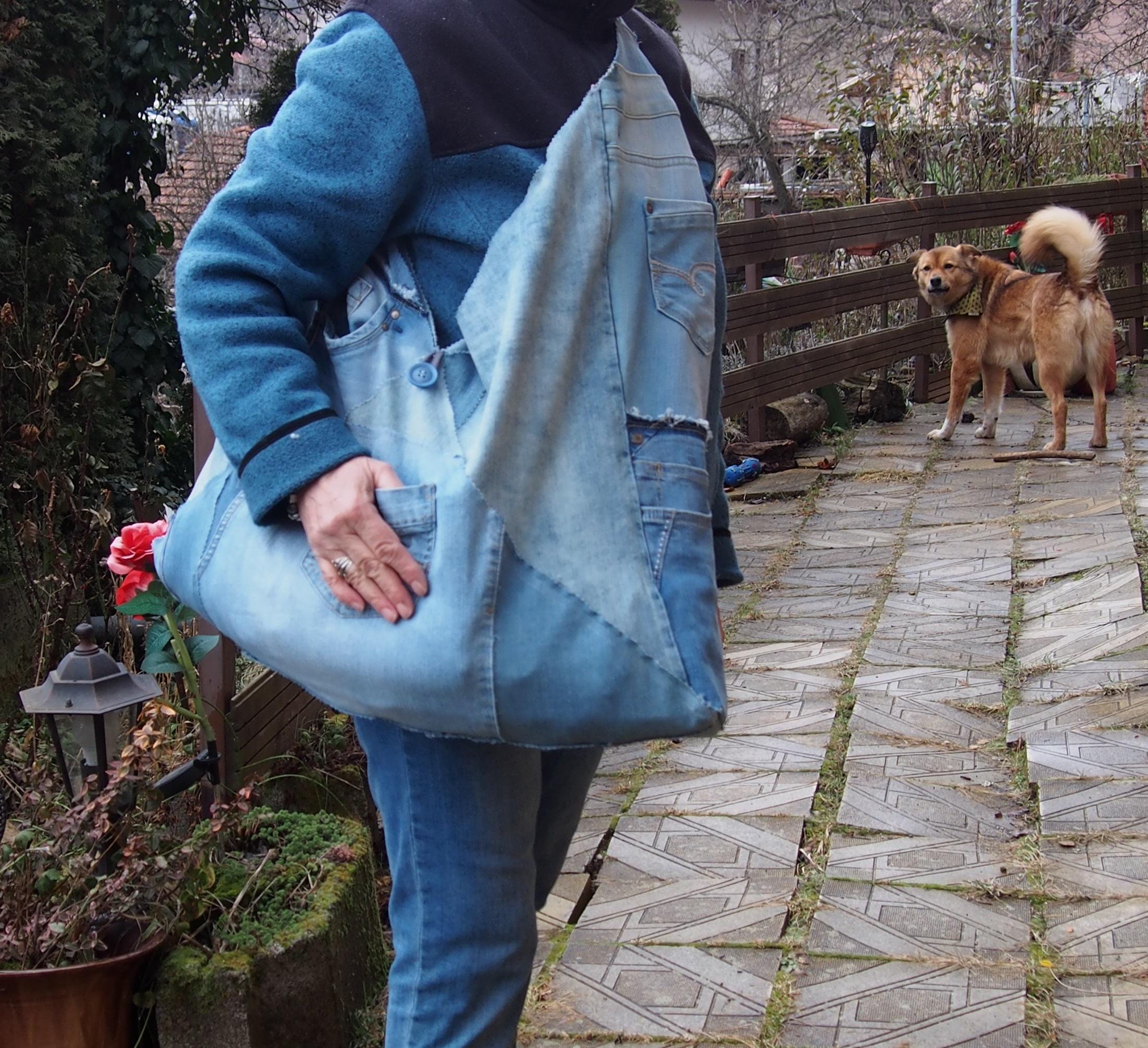 Big Denim Patchwork Triangle Tote Bag: Japanese Style Cotton