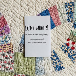 May include: A white booklet titled "ECTO-WHAT?!" with the subtitle "all about ectopic pregnancy." The author is Laura Wiederhoeft, and the illustrations are by Ashley Hartman Annis. The booklet rests on a colorful, patterned quilt.