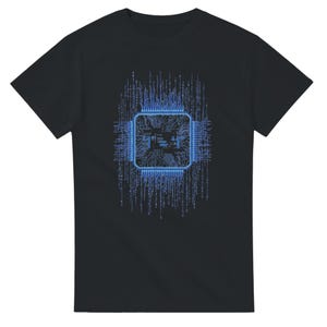 May include: Black t-shirt with a blue circuit board design. The graphic features a central square with detailed lines and the number "94", surrounded by a matrix of vertical lines.