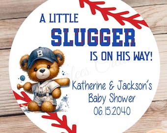 Baseball Baby Shower Stickers | A Little Slugger Is On His Way | Personalized Baby Shower Favor Stickers for Treat Bags or Decor