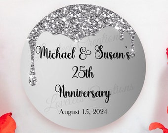 25th Anniversary Sticker, Personalized 25th Anniversary Label, Custom Silver Anniversary, Anniversary Favor Label, Silver Birthday Label