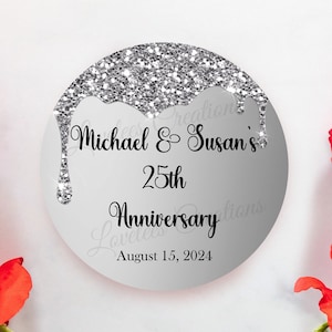 25th Anniversary Sticker, Personalized 25th Anniversary Label, Custom Silver Anniversary, Anniversary Favor Label, Silver Birthday Label