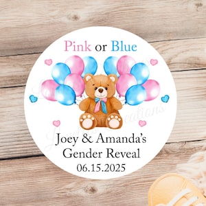 Pink or Blue Gender Reveal Stickers, Boy or Girl Baby Gender Label, Personalized Teddy Bear Baby Reveal Sticker, He or She Baby Shower Label