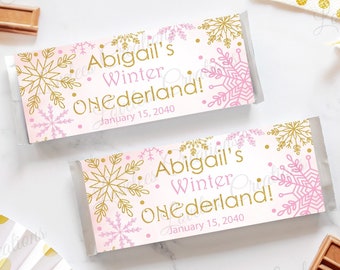 Winter Onederland Birthday Chocolate Bar Wrappers, Personalized Girl 1st Birthday Pink Candy Bar Favor, Pink/Gold  (12 Wrappers & 12 Foils)