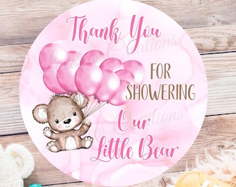 Bear Baby Shower Sticker, Thank You Sticker, Baby Girl Thank You Favor Sticker, Pink and Brown Bear Baby Shower Favor Label