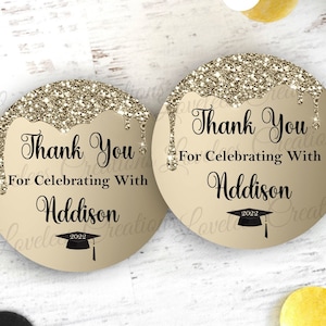 Graduation Sticker - Graduation - Round Sticker - Gold Glitter - Favor Sticker, Class of 2024, Graduation Favor Sticker, Thank you Sticker