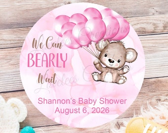 We Can Bearly Wait Baby Shower Sticker, Personalized Pink Bear Baby Sprinkle Label, Custom Baby Shower Stickers, Baby Shower Favor Label