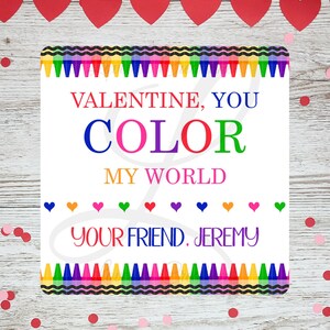 Color My World Valentine Stickers | Crayon-Themed Labels for Treat Bags, Classroom Gifts, Party Favors, Kids Valentine Stickers