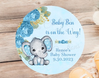 Elephant Baby Shower Sticker, Boy Elephant Baby Shower Label, Boy Baby Shower Favor Sticker, Blue Elephant Baby Shower Gift Label