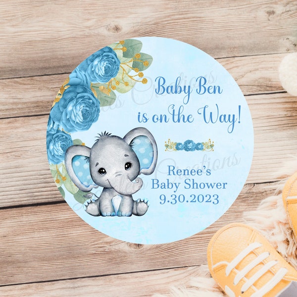 Elephant Baby Shower Sticker, Boy Elephant Baby Shower Label, Boy Baby Shower Favor Sticker, Blue Elephant Baby Shower Gift Label