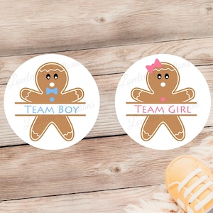 May include: Two round white stickers with gingerbread people on them. The gingerbread person on the left is wearing a blue bow tie and the sticker says "Team Boy". The gingerbread person on the right is wearing a pink bow and the sticker says "Team Girl".