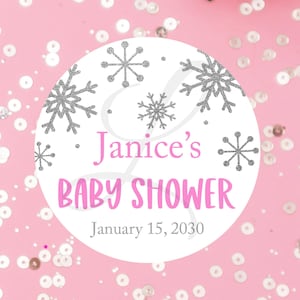 Snowflake Girl Baby Shower Sticker, Personalized Winter Baby Shower Label, Winter Baby Favor Custom Sticker, Silver Snowflake Sticker