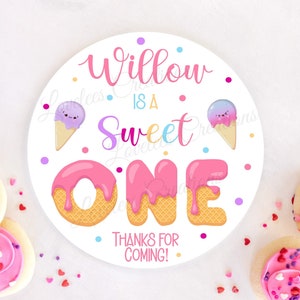Sweet One Personalized Birthday Stickers, First Birthday Custom Labels, One Year Old Birthday Party Favor Stickers, Ice Cream Birthday Label