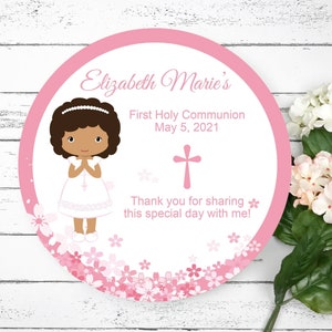 Round Favor Stickers - First Holy Communion - Pink Stickers - Flower Stickers - Girl Communion- 109