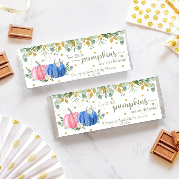 Pink and Blue Pumpkin Chocolate Bar Wrapper - Two Little Pumpkins are on the Way Baby Shower Favor (Listing is for 12 Wrappers and 12 Foils)