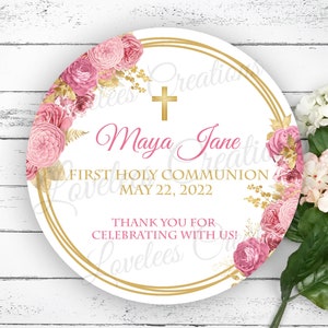 Pink Flower First Holy Communion Round Sticker - Pink and Gold Girl Communion Label - Religious Girl Communion