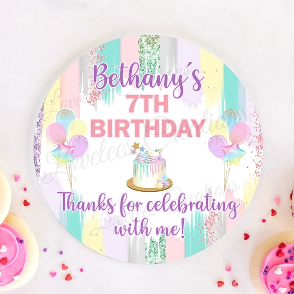 Personalized Birthday Sticker - Girls Custom Birthday Favor Sticker - Balloon Birthday Label - Custom Pastel Girls Birthday Party Sticker