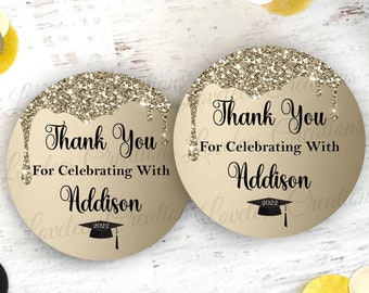 Graduation Sticker - Graduation - Round Sticker - Gold Glitter - Favor Sticker, Class of 2024, Graduation Favor Sticker, Thank you Sticker