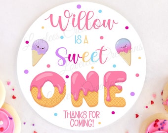 Sweet One Personalized Birthday Stickers, First Birthday Custom Labels, One Year Old Birthday Party Favor Stickers, Ice Cream Birthday Label