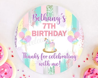 Personalized Birthday Sticker - Girls Custom Birthday Favor Sticker - Balloon Birthday Label - Custom Pastel Girls Birthday Party Sticker
