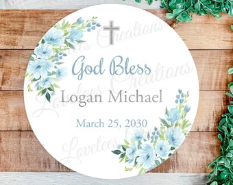 Personalized Blue Flower Religious Round Sticker, Custom Boy Baptism/Christening Label, Communion/Confirmation Custom Blue Favor Sticker