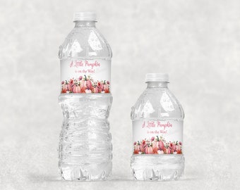 A Little Pumpkin Water Bottle Wrapper, Pink Pumpkin Baby Shower Party Favor Water Bottle Labels, Girl Baby Shower Water Bottle Wrapper