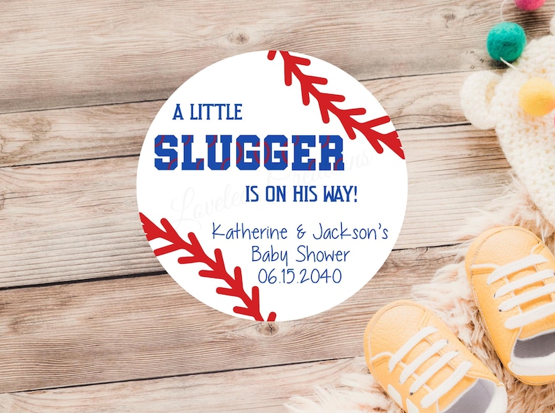 Slugger Bat Sticker A Little Slugger Baby Shower Sticker, Personalized Baseball Baby Shower ...