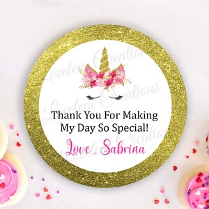 Unicorn Sticker - Birthday Sticker - Gold Glitter Unicorn - Round Sticker - Favor Sticker