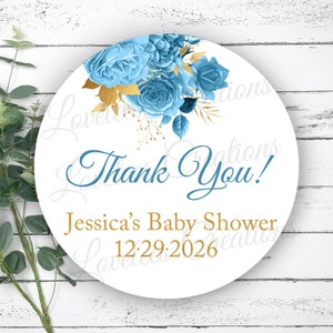 Personalized Baby Shower Sticker, Boy Baby Shower Label, Custom Blue Flower Sticker, Thank you Favor Sticker, Birthday Thank You Sticker